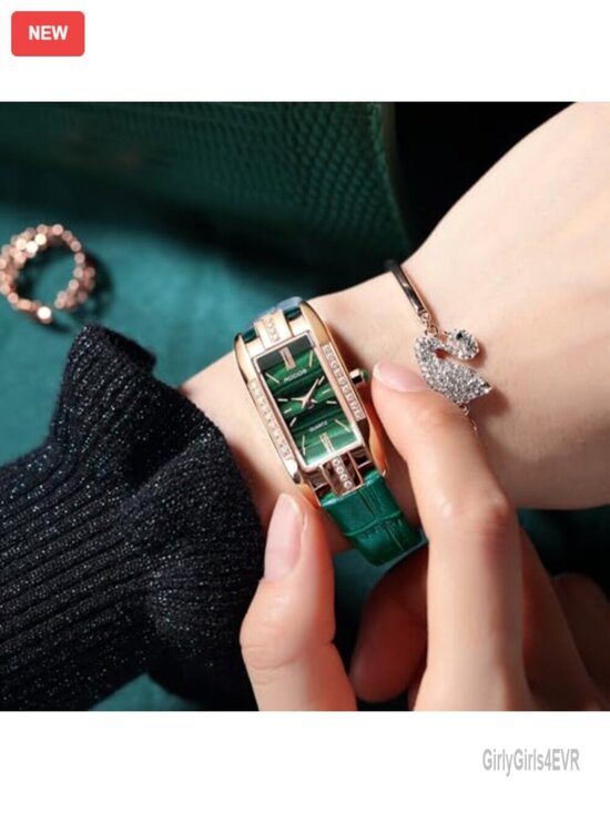 Elegant Women\'s Square Watch - Rose Gold Case, Green Leather Strap, Quartz main image 5